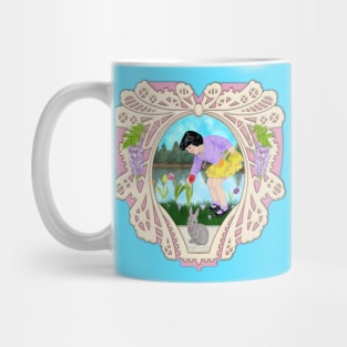 Easter Girl with Tulips, in Heart Mug